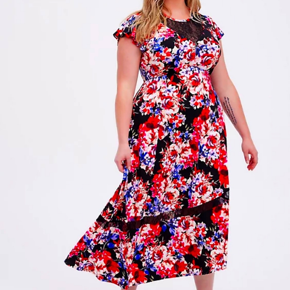 SKATER MIDI DRESS - STUDIO KNIT LACE FLORAL BLACK